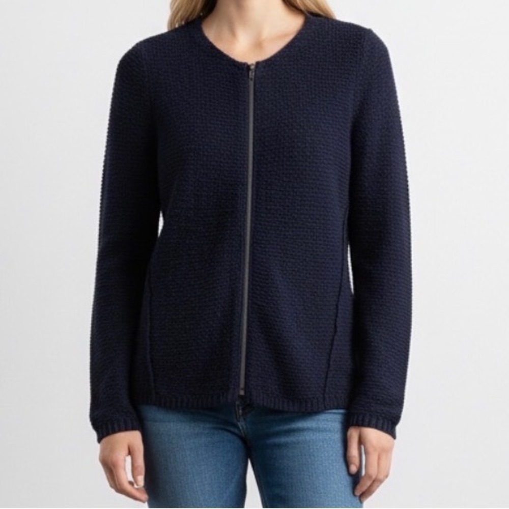 Eileen Fisher Linen Blend Knit Zip‎ Front Jacket Cardigan Navy Blue size Medium